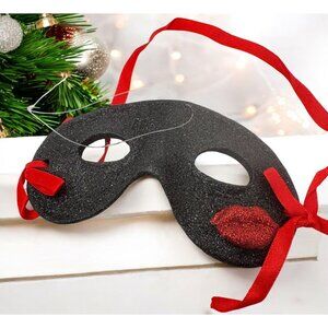 Masquerade Mask Christmas Tree Ornament Black Glitter Red Ribbon Lips Accent